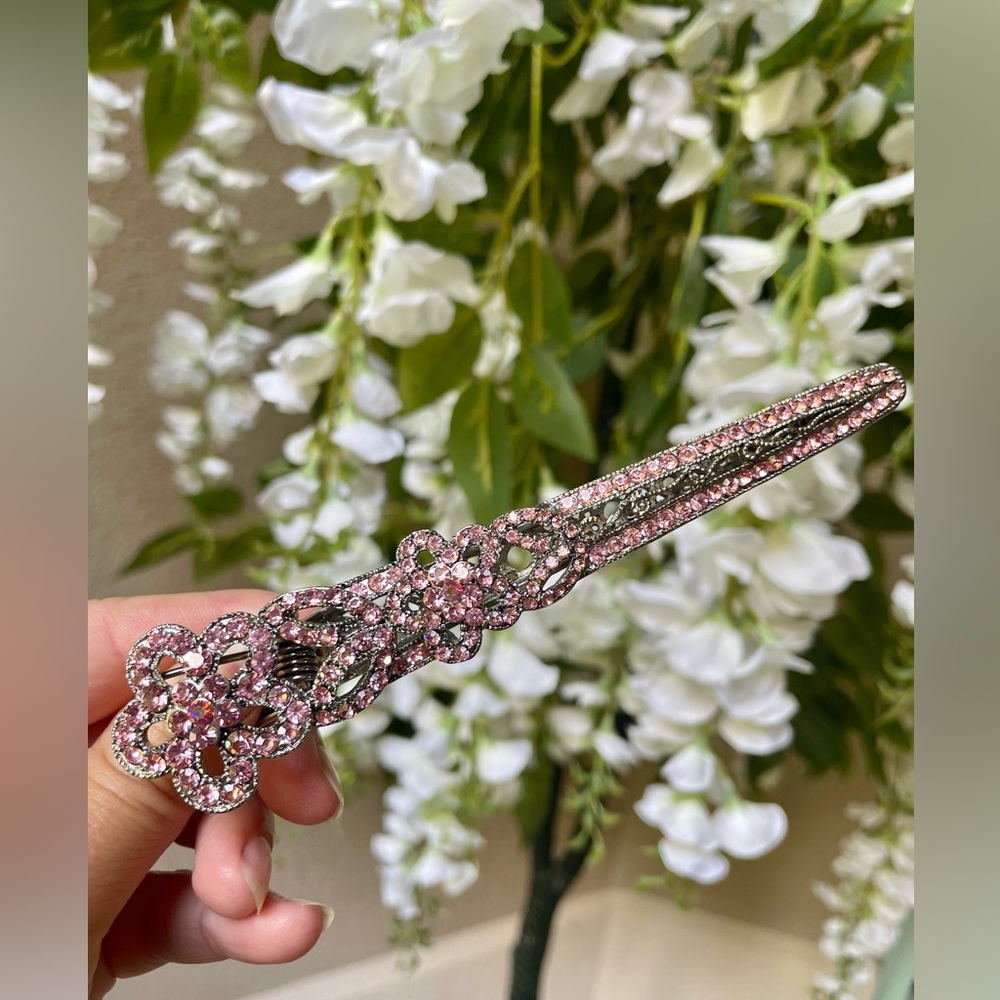 Y2K Pink Metal Rhinestone Floral Hair Clip - Sparkling